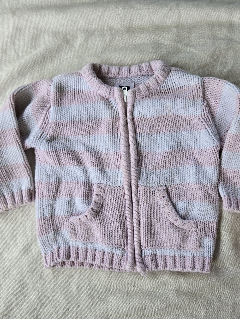 Gap Baby Pink And White Striped Zip Up Cotton Knit Sweater 3-6 Months